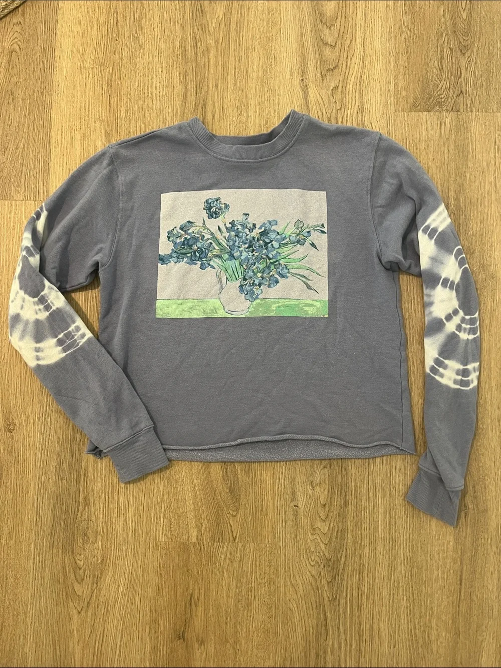 Mighty Fine Blue Tie-Dye Sleeve Sweatshirt with Van Gogh Floral Graphic - Picture 1 of 4